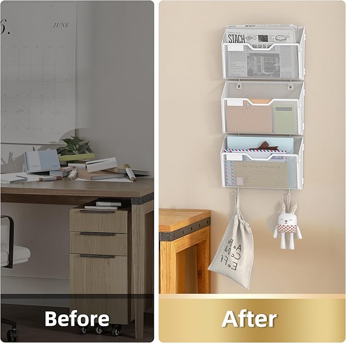 Docnest 6 Pack Hanging Wall File Holders, Mesh Wall Letter File Holder, Wall Mounted Mail Paper Document Folder Holder with Hooks for Office, Home, School, White