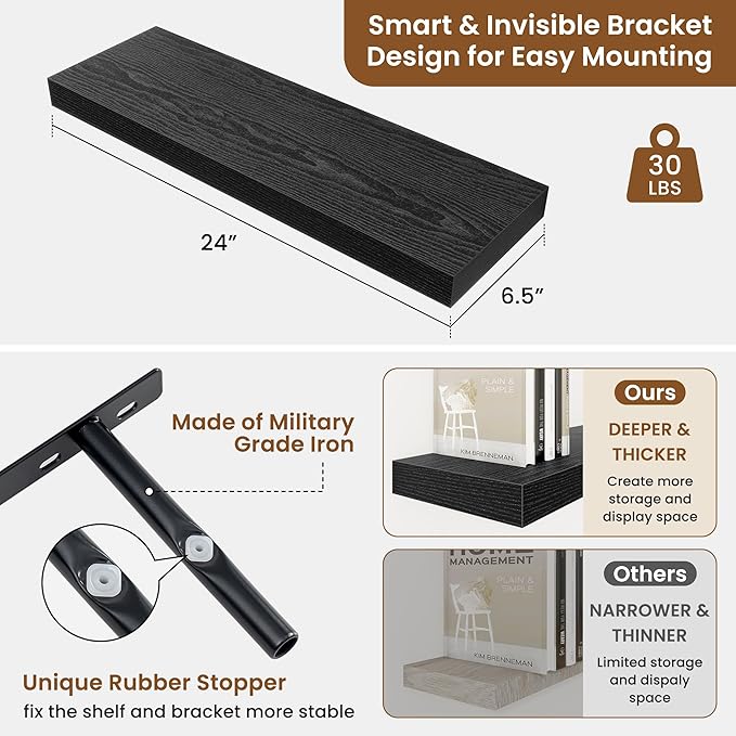fuqing Floating Shelves for Wall, Bathroom Shelf Wall Mounted for Storage, Shelves with Invisible Bracket for Bedroom, Kitchen, Living Room, Farmhouse Small Book Shelf, 24 Inch Set of 2, Black-NeatNest