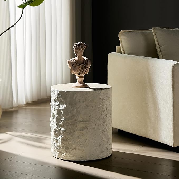 kevinplus Round Side Table End Table for Living Room, Modern Contemporary Faux Stone Style Fiberglass Material, No Assembly (Beige, ø15.7'' x 17.7'')