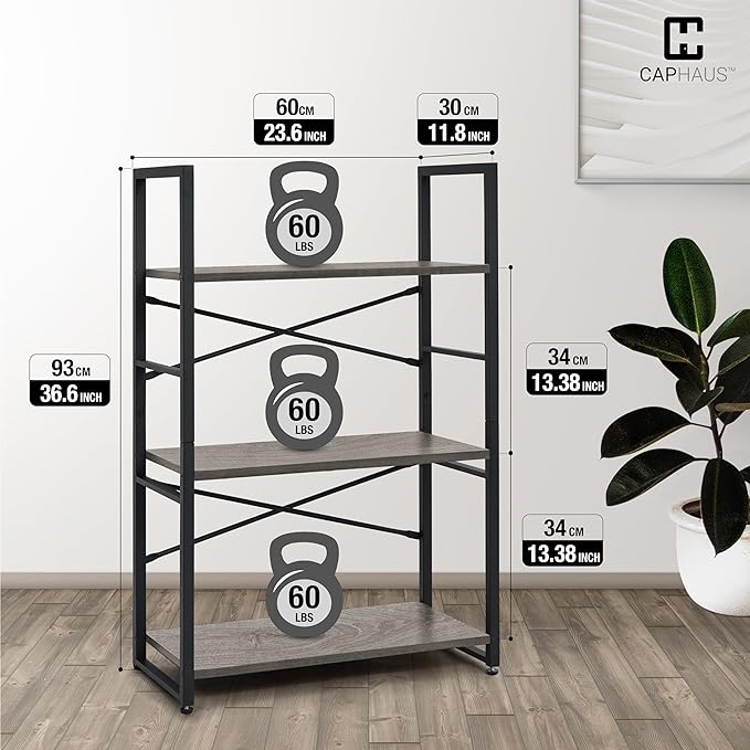 CAPHAUS 3 Tier Small Bookshelf, 24 Inch Width Free Standing Shelf, Bookcase Shelf Storage Organizer, Industrial Book Shelves for Home Office, Living Room, Dark Grey Shelves & Metal Frame-NeatNest