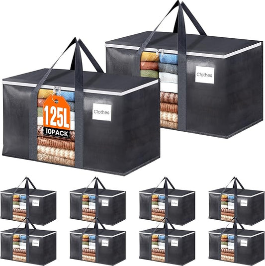 HomeHacks 10 Pack Extra Large Moving Bags with Visual PVC Window & Zippers, Storage Totes with Reinforced Handles, Heavy Duty Storage Bags for Packing, Moving, Storage (125L,Grey)