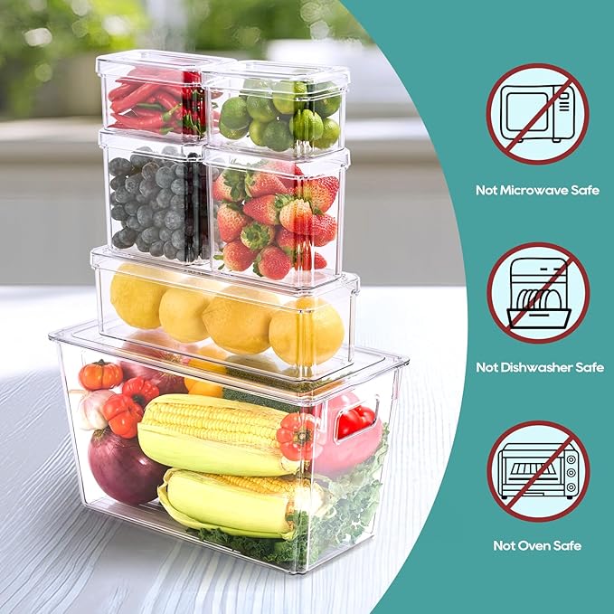 MUCHII 6 Pack Fridge Organizers and Storage, Stackable Fridge Organizer Bins with Lids, Kitchen Organizer Storage Containers for Fruit, Food, Vegetables-NeatNest