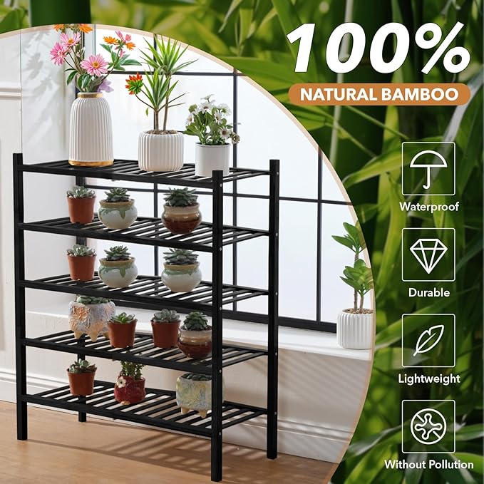 5 Tier Bamboo Shoe Rack Storage Organizer for Closet, Multifunctional Stackable Free Standing Shoe Shelf Organizer for Small Space,Entryway, Hallway, Bathroom27 x11 x32 (Black, 5 Tier)-NeatNest