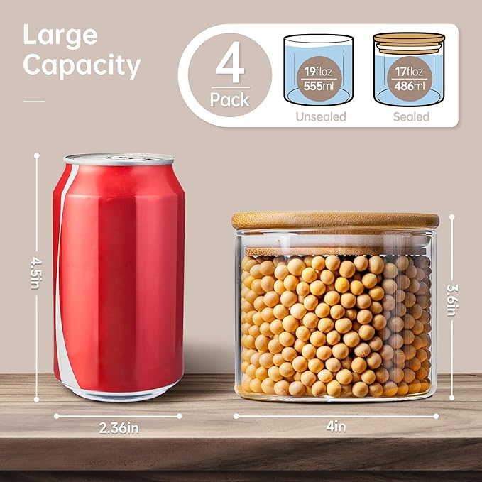 17oz - 4 Pack Glass Jars with Bamboo Lids, Glass Food Storage Containers with Airtight Lids, Air Tight Pantry Storage Containers for Coffee, Sugar, Spice, Meal Prep Jars for Salad & Fruit-NeatNest