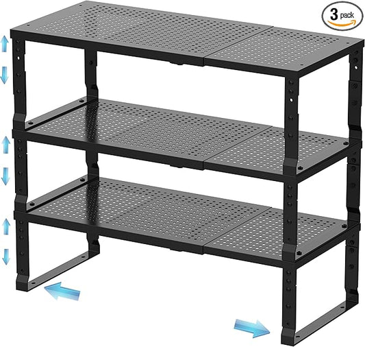 Expandable Spice Rack & Kitchen Cabinet Organizer - Stackable, Adjustable Shelves for Cabinets, Countertops, Cupboards & Pantries(3 Packs/Medium/Black)-NeatNest