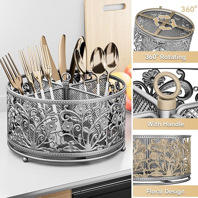 360° Rotating Utensil Caddy - Silverware Cutlery Caddy Holder with 4 Compartment, Metal Flatware Organizer Countertop with Handle for Party Camping Picnic, Kitchen Counter, Office (Silver)-NeatNest