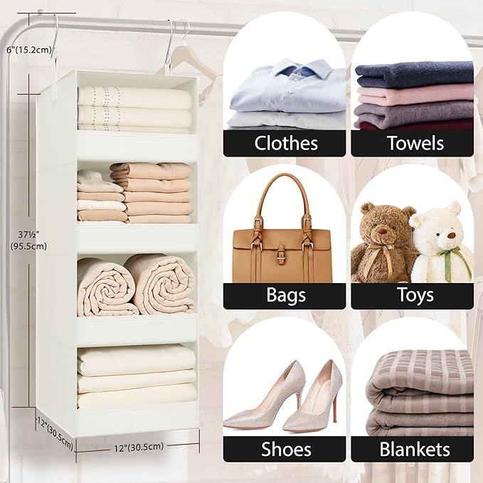GRANNY SAYS 4-Shelf Hanging Organizer, Closet Hanging Shelves, Closet Hanging Storage Organizers, Organization for Bedroom, Living Room, Baby Nursery, Camper Accessories, Beige, 1-Pack-NeatNest