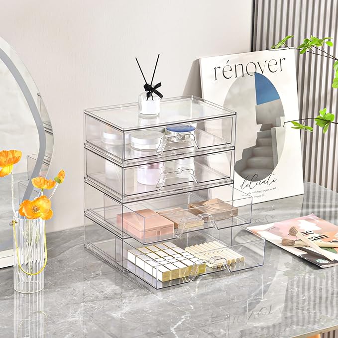 2 Pack Stackable Makeup Organizer, 12.1''L Acrylic Bathroom Organizer and Storage Undersink Drawer, Cosmetics and Beauty Supplies,Clear Plastic Storage Bins for Desk,Cabinet,Kitchen,Vanity,Pantry-NeatNest