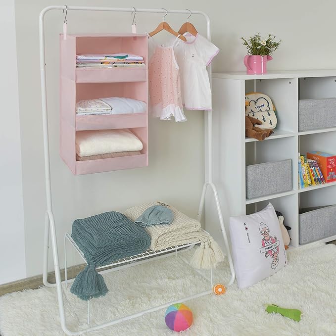 GRANNY SAYS 3-Shelf Hanging Closet Organizer, Collapsible Closet Hanging Shelves, Nursery Hanging Organizer, Pink, 29 ½" H X 12" W X 12" D, 1-Pack-NeatNest