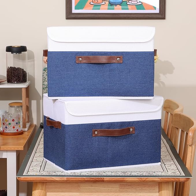 ANMINY 2PCS Storage Boxes with Lid Washable Decorative Storage Bin Basket with PU Leather Handle Foldable Linen Fabric Storage Cube Container for Home Closet Organizer - Deep Blue White, Large Size-NeatNest