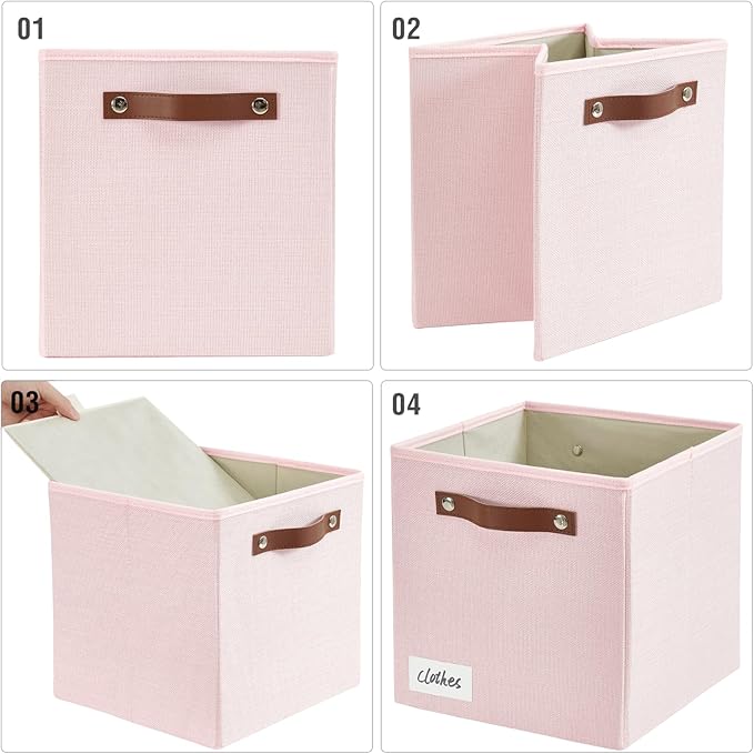 Collapsible Fabric Storage Cube Bins with 2 Reinforced PU Handles, Foldable Storage Organizer Baskets for Closet, Shelves, Living Room | 11"x11"x11", 4 Pack, Full Pink-NeatNest