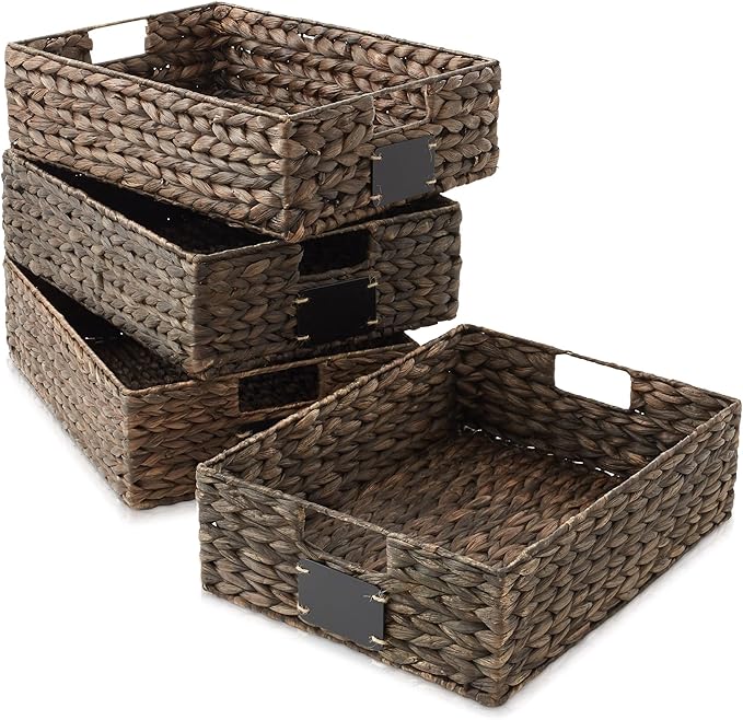 Casafield Set of 4 Water Hyacinth Pantry Baskets, 12-1/2" x 17" x 5", with Chalkboard Labels and Chalk Marker - Espresso, Woven Storage Bin Organizers for Kitchen Shelves-NeatNest