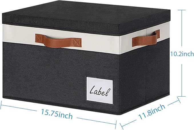 Extra Large Storage Bins with Lids, Foldable Fabric Storage Baskets with Lids, Sturdy Storage Boxes with Labels and 3 PU Handles for Closet Home Bedroom Office (32L, 3 Packs, Black&White)-NeatNest