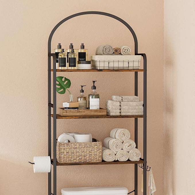 Homhedy 3-Tier Over The Toilet Storage with 4 Hooks and Paper Holder, Space Saving, Bathroom Organizer with Adjustable Feet, Metal Frame and Wooden Shelf,Rustic Brown and Black