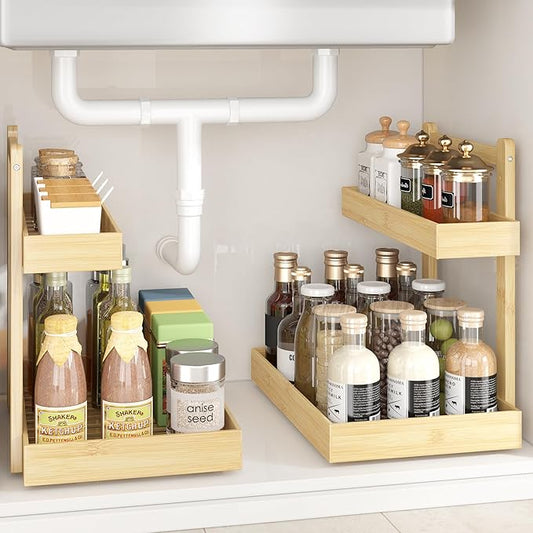 Under Sink Organizer - 2-Tier Pull Out Cabinet Organizer Vertical Slide Out Sink Shelf Storage Shelves for Multi-Purpose Bath Kitchen Bathroom Medicine (Nature, 2 Packs)-NeatNest