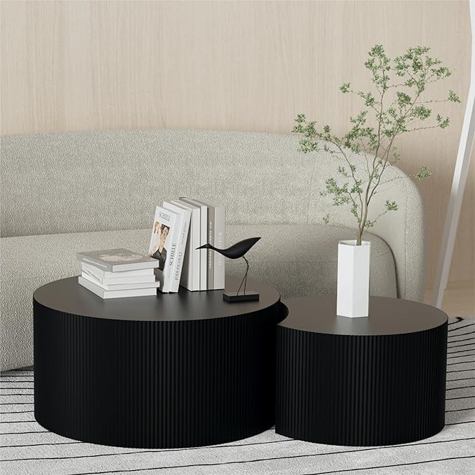 KEVINSPACE Coffee Table Set of 2 Modern, Wooden Circle End TableSet, Living Room Nesting Table Round 2-Piece,No Assembly Required Accent Furniture for Bedroom Balcony Library,Black