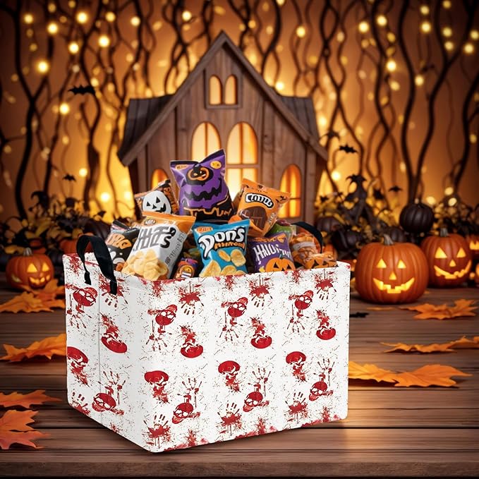 Halloween Basket Gift Terror Ghost Parties Decor Kid Trick or Treat Basket for Boys and Girls Rectangular Storage Bin Box (Blood Fingerprint)-NeatNest
