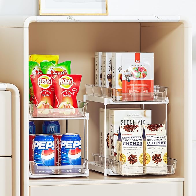 Delamu 2 Sets of 2-Tier Multi-Purpose Bathroom Under Sink Organizers and Storage, Stackable Kitchen Pantry Organization, Pull Out Medicine Cabinet Organizer with 8 Movable Dividers-NeatNest