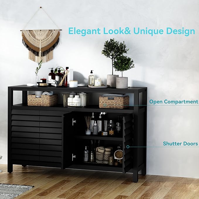 HLR Bathroom Floor Storage Cabinet, Farmhouse Sideboard with Decorative Louvered Doors, Bathroom Storage Unit with 4 Doors & Shelves, Freestanding Credenza for Dining Room, Living Room, Hallway, Black-NeatNest