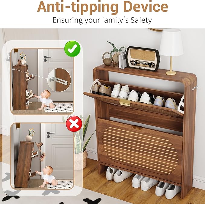Narrow Shoe Storage Cabinet for Entryway with 2 Flip Drawers, Curved Edge Shoe Cabinet with Arched Stripe Panel, Freestanding Wood Shoe Organizer Closed Shoe Rack for Hallway, Foyer(Walnut)-NeatNest