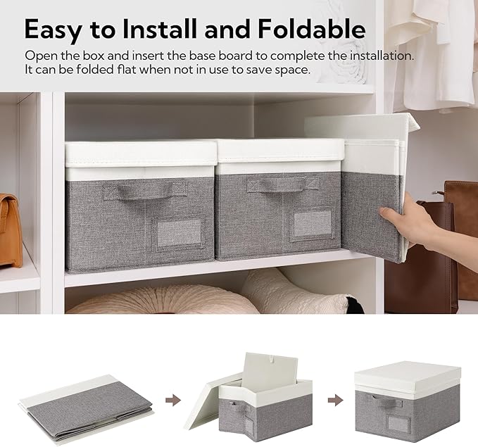 GRANNY SAYS Storage Bins with Lids, Storage Box, Collapsibe Storage Bins, Clothes Organizers and Storage, Storage Bins for Shelves, Decorative Storage Boxes with Lids, 3-Pack, Gray&Ivory-NeatNest