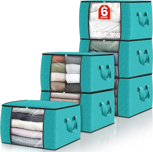 Fab totes 6 Pack Clothes Storage, Foldable Thick Fabric Blanket Storage Bags, Containers for Organizing Bedroom, Closet, Clothing, Comforter,Closet Organization with Handle,Green-NeatNest
