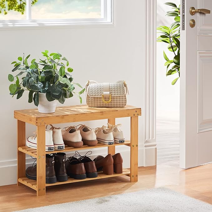 Pipishell 3 Tier Bamboo Shoe Rack Bench - Sturdy Organizer Holds up to 300lbs for Entryway, Bedroom, Living Room, Balcony-NeatNest