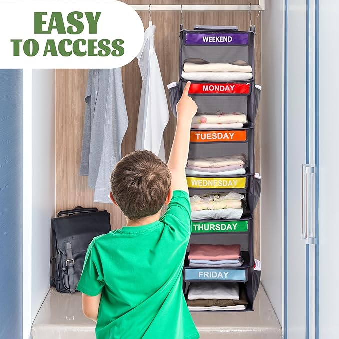 2 Pack 6-Shelf Weekly Clothes Organizer for Kids, Hanging Daily Closet Organization with 6 Side Pockets, Days of The Week Clothing Divider Storage for Boys and Girls (Grey)-NeatNest