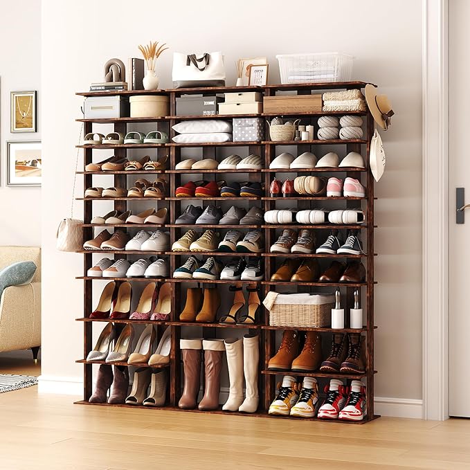 HOMEFORT 10-Tier Vertical Shoe Rack, Corner Shoe Tower, Double Rows 10 Tiers Shoe Shelf, Slim Shoe Storage Unit for 20 Pairs of Shoes, Shoe Stand for Entryway, Hallway, Closet (Rustic Brown)-NeatNest