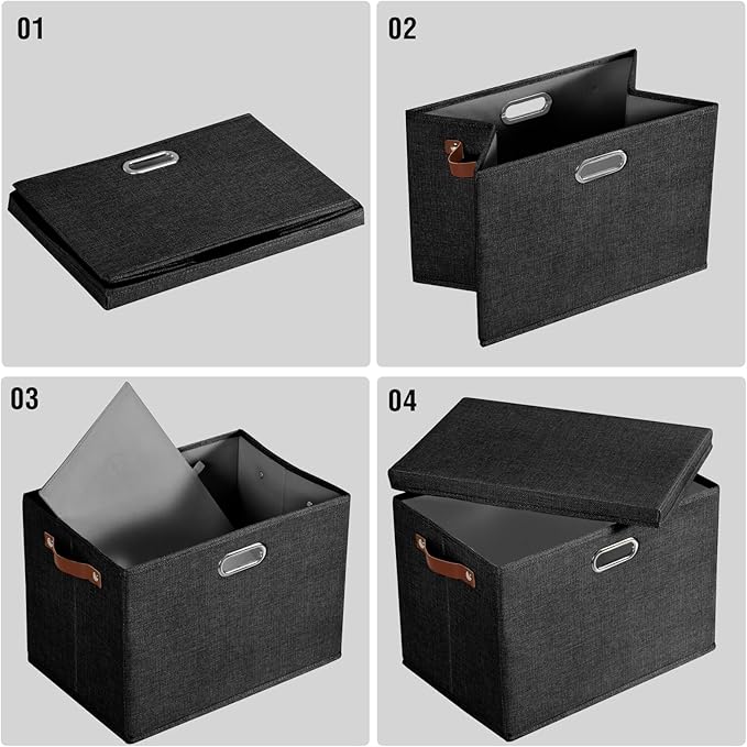 17" Large Collapsible Storage Bins with Lids, Stackable Closet Organizers with PU Handle and Labels, 3-Pack Decorative Fabric Storage Boxes for Home, Bedroom, Closet, Office, Nursery(Black)-NeatNest