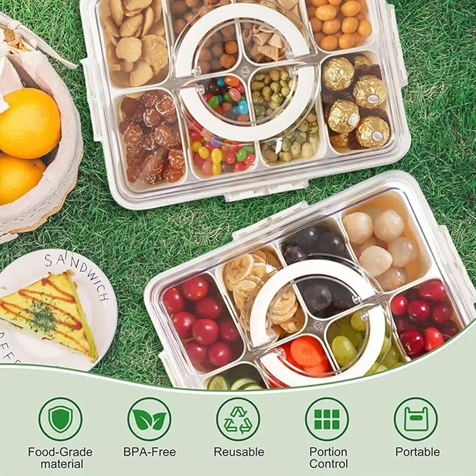 Food Storage Containers, 8 Compartment Snack Container with Dual Handles Reusable Divided Food Storage Boxes Fruit Serving Tray, Black