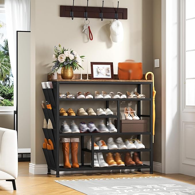 EnHomee Metal Shoe Rack for Entryway, 6 Tier Shoe Storage Organizer Holds 22 Pairs, Wooden Top and Side Pocket for Entry, Entrance, Hallway, Black-NeatNest