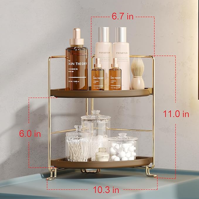 FSyueyun 2-Tier Corner Bathroom Counter Organizer, Tool-Less Installation Corner Vanity Organizer Small Plastics Countertop Makeup Tray Skincare Perfume Organizers (Gold & Brown)-NeatNest