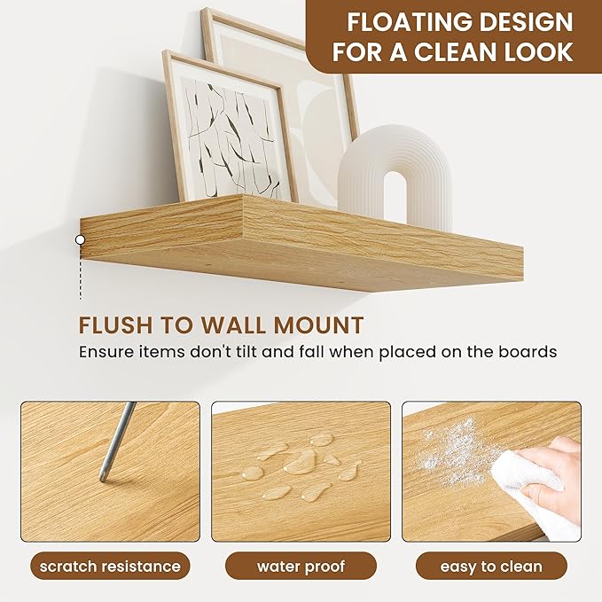 fuqing Floating Shelves for Wall, Bathroom Shelf Wall Mounted for Storage, Shelves with Invisible Bracket for Bedroom, Kitchen, Living Room, Farmhouse Small Book Shelf, 16 Inch Set of 2, Oak-NeatNest