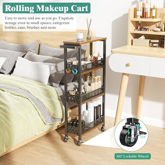 Giwil 4-Tier Slim Rolling Storage Cart for Kitchen Bathroom Organizer, Mobile Narrow Storage Cabinet Utility Cart with Wood Rack on Wheels for Pantry Laundry Small Space