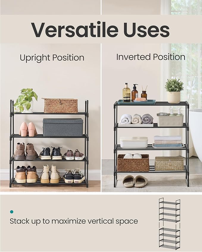 SONGMICS Shoe Rack, 4-Tier Shoe Organizer, Metal Storage Shelf, Upright or Upside Down, for 10-15 Pairs, Stackable, for Entryway, 11.8 x 26.8 x 29.5 Inches, Black ULSA204B01-NeatNest