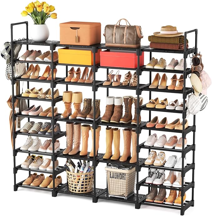 ROJASOP Large Shoe Rack Organizer for Entryway Closet 64-68 Pairs 9-Tier Heavy Duty Tall Garage Shoe Rack Shoe Shelf Shoes Storage with 18 Pcs Removable Side Hooks for Bedroom and Garage Black-NeatNest