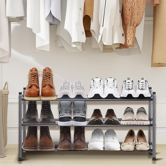 Shoe Rack, Expandable Shoe Storage Organizer for Closet, 3 Tier Metal Shoe Rack for Entryway, Adjustable Small Shoe Shelf for Front Door Entrance, Small Space, Garage-NeatNest