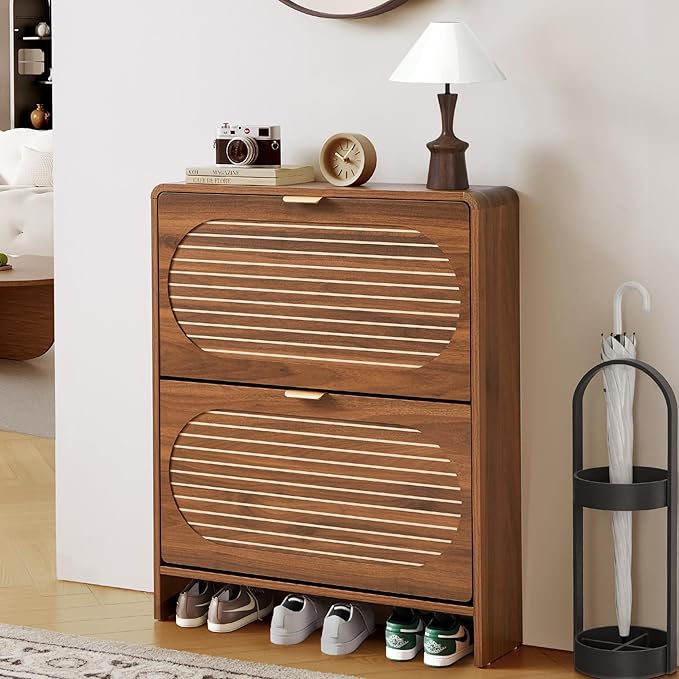 Narrow Shoe Storage Cabinet for Entryway with 2 Flip Drawers, Curved Edge Shoe Cabinet with Arched Stripe Panel, Freestanding Wood Shoe Organizer Closed Shoe Rack for Hallway, Foyer(Walnut)-NeatNest