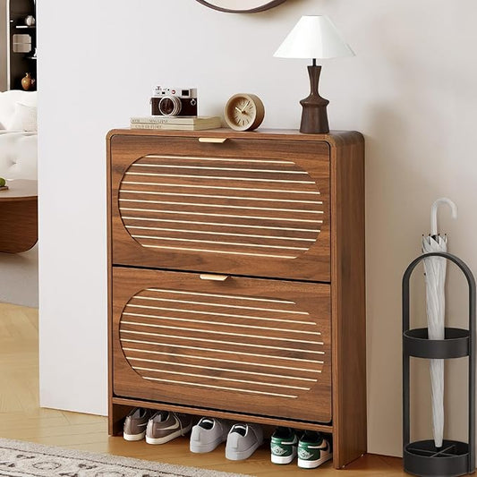 Narrow Shoe Storage Cabinet for Entryway with 2 Flip Drawers, Curved Edge Shoe Cabinet with Arched Stripe Panel, Freestanding Wood Shoe Organizer Closed Shoe Rack for Hallway, Foyer(Walnut)-NeatNest