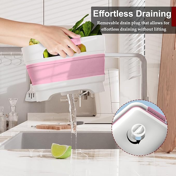 2.4 Gal Collapsbile Wash Basin with Drian Plug,9L Dish Pan for Soaking Baby Bottles,Portable Sink, Multiuse Foldable Bucket,Ice Beverage Tubs for Camping, Vegetable Washing, RV (Pink)-NeatNest