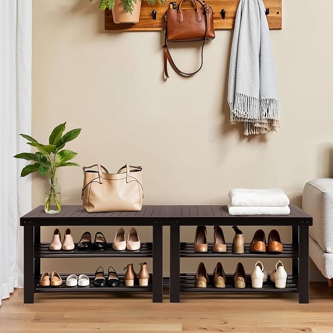 Simple Deluxe Shoe Rack Bench, 3-Tier Bamboo Storage Organizer, 286lb Capacity Entryway Bench for Front Door, Bedroom, Living Room, Bathroom, Balcony, Stylish Shoes Brown (11.3 x 27.6 x 17.8 Inches)