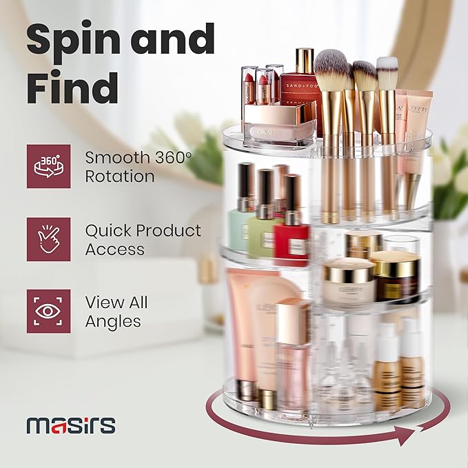 Masirs 360 Rotating Makeup Organizer - Adjustable Shelf Height and Fully Rotatable - The Perfect Round Spinning Cosmetic Organizer for Bedroom Dresser or Vanity Countertop Storage (Clear)-NeatNest