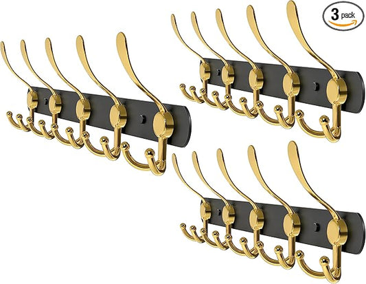 Coat Rack Wall Mount with 5 Tri Hooks, Stainless Steel 16 Inch – Black & Gold Matte Finish, Heavy Duty Wall Mounted Hook Rack for Coats, Hats, Towels, Scarfs, Robes, Bags, Entryway & Bathroom, 3 Pack-NeatNest