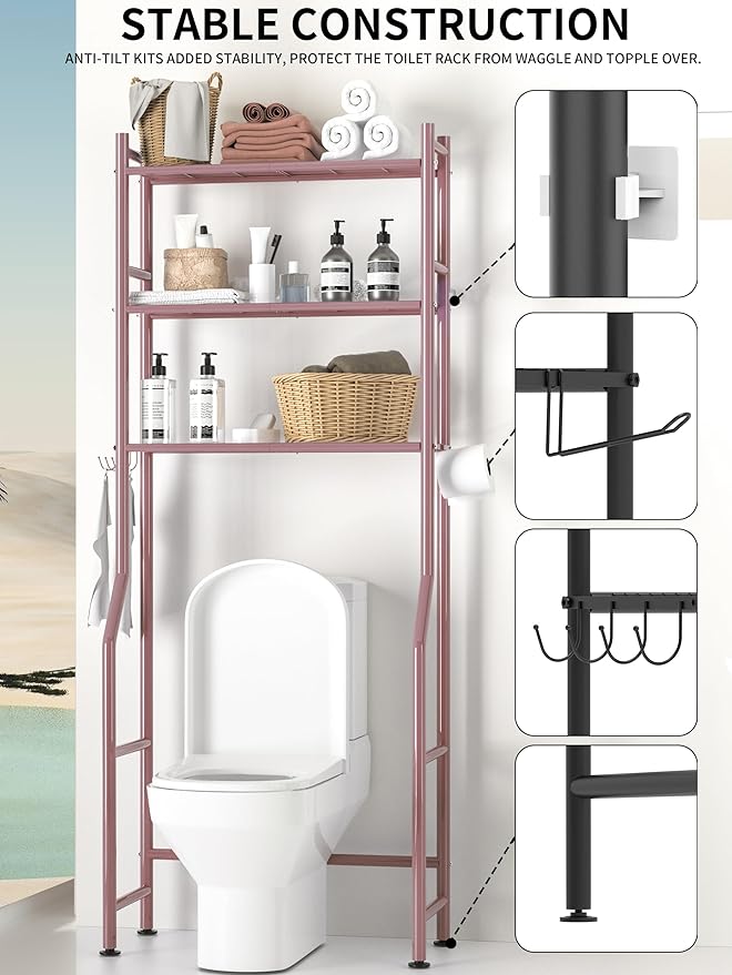 3 Tier Over The Toilet Storage Rack with 2 Basket, Metal Freestanding Bathroom Shelves Toilet with Paper Holder and 4 Hooks, Over Toilet Storage Shelf for Bathroom Storage, Bronze-NeatNest