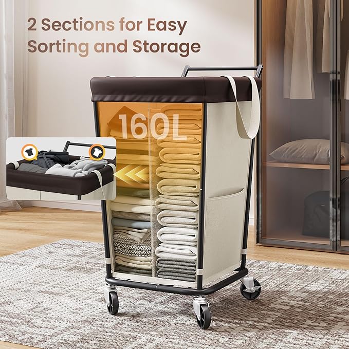 160L Laundry Hamper with Wheels and Handle, 2-Section Rolling Hamper for Laundry, Large Laundry Basket with Wheels, Rolling Laundry Basket Clothes Hamper for Home, Bathroom and Dorm(Beige)
