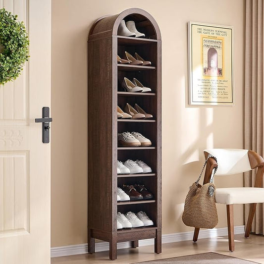 71" Tall Arched Shoe Storage Cabinet, 8 Tiers 16 Pairs Wooden Shoe Rack with 3 Adjustable Shelves, Freestanding Shoe Closet Shelf Organizer for Entryway, Hallway, Living Room (Brown)-NeatNest