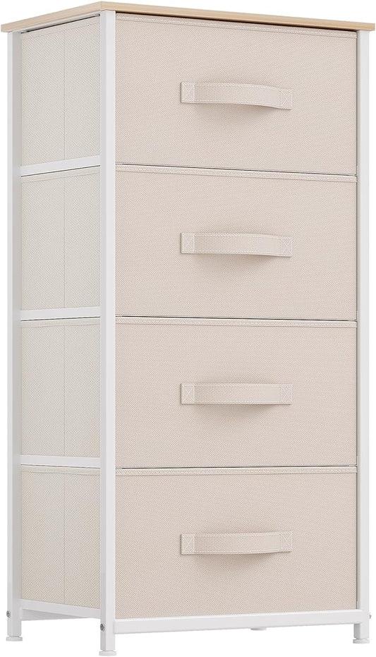 DWVO Storage Tower with 4 Drawers - Fabric Dresser, Organizer Unit for Bedroom, Living Room, Closets - Sturdy Steel Frame, Easy Pull Fabric Bins & Wooden Top (Cream White)-NeatNest
