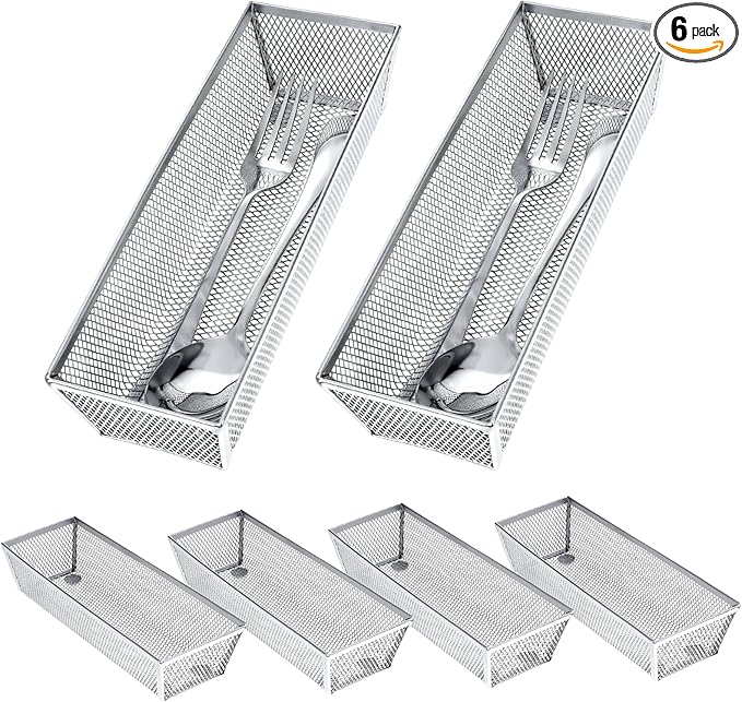 6 Pack Silverware Organizer, Mesh Small Utensil Drawer Organizer Silverware Holder for Kitchen Drawer, Metal Narrow Cutlery Drawer Organizer for Flatware, Knives, Spoons Storage 3x9x2 Inch-NeatNest