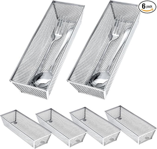 6 Pack Silverware Organizer, Mesh Small Utensil Drawer Organizer Silverware Holder for Kitchen Drawer, Metal Narrow Cutlery Drawer Organizer for Flatware, Knives, Spoons Storage 3x9x2 Inch-NeatNest